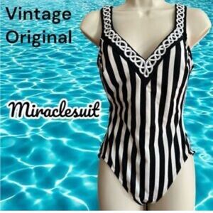 Miraclesuit Swimsuit Size 16 Black & White Stripe One Piece Flattering Classic